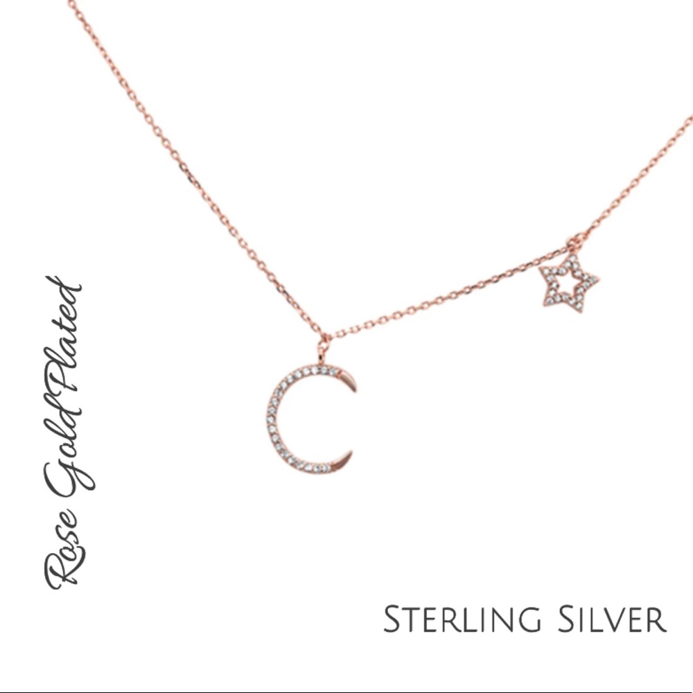 Rose Gold & .925 Sterling Silver Star & Crescent Moon Celestial Necklace